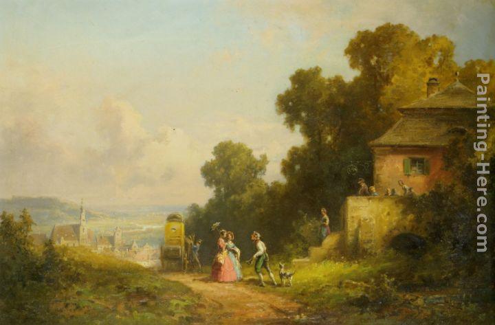 Willy Moralt Figures and a Carriage on a Path with a Village Beyond